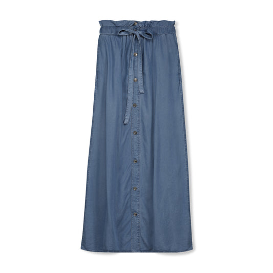 Chambray Paperbag Waist Button Front Maxi Skirt