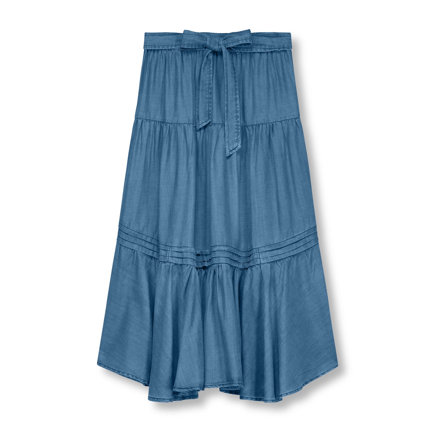 Chambray Asymmetrical Tiered Midi Skirt