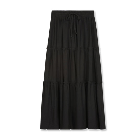 Elastic Waist Tiered Ruffle Maxi Skirt- Black